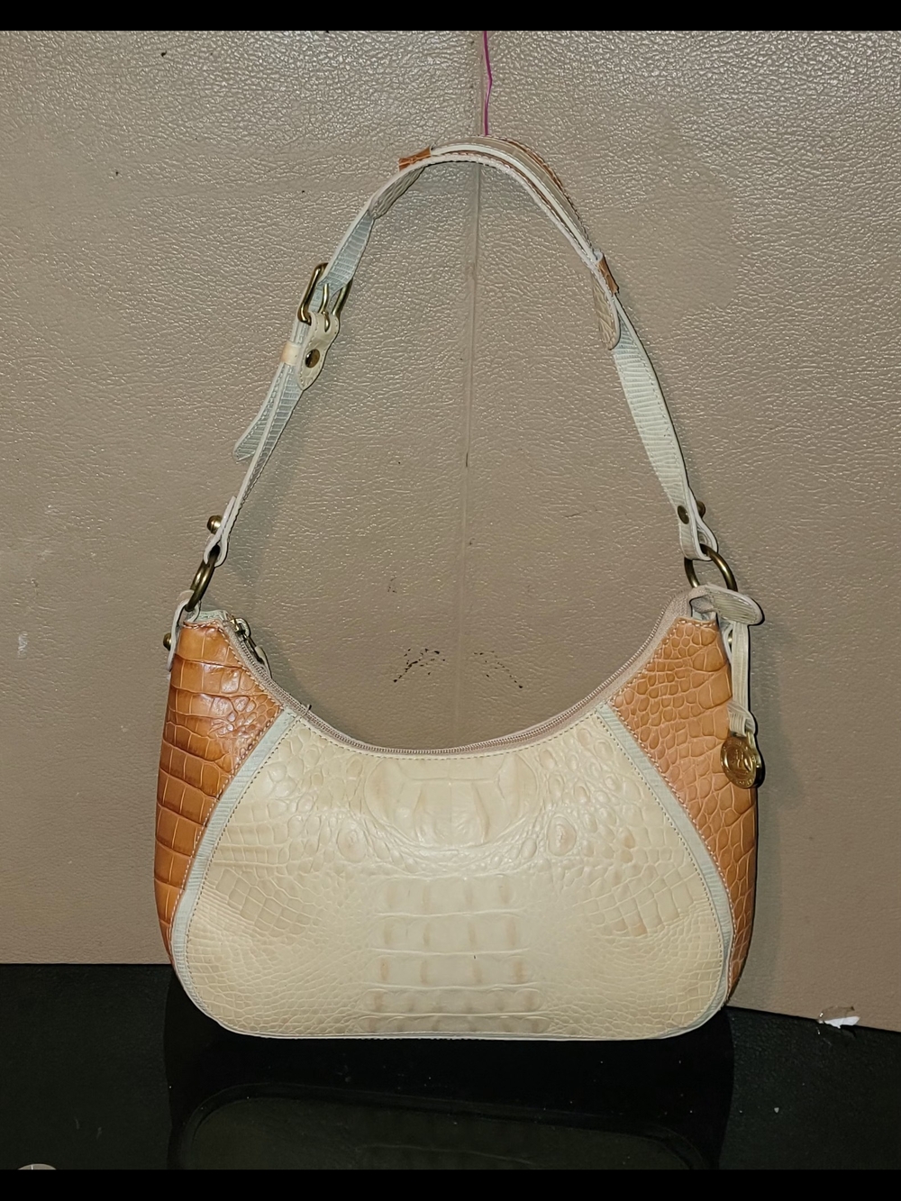 BRAHMIN Two-Tone Cream and Tan Croc-Embossed Shoulder Bag - Picture 10 of 16